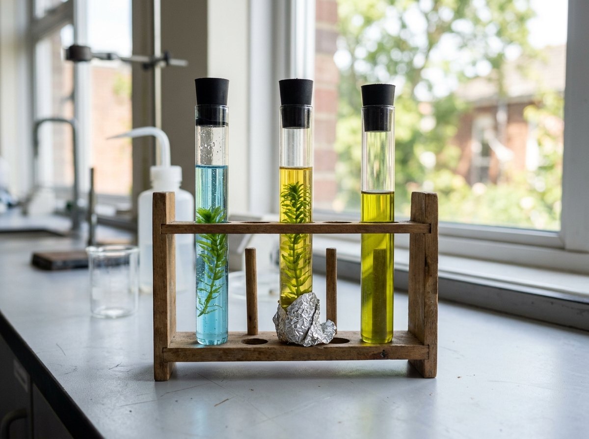 Blauw, geel, geelgroen: de plant in het licht haalt CO₂ uit het water, de plant in het donker voegt er toe.
