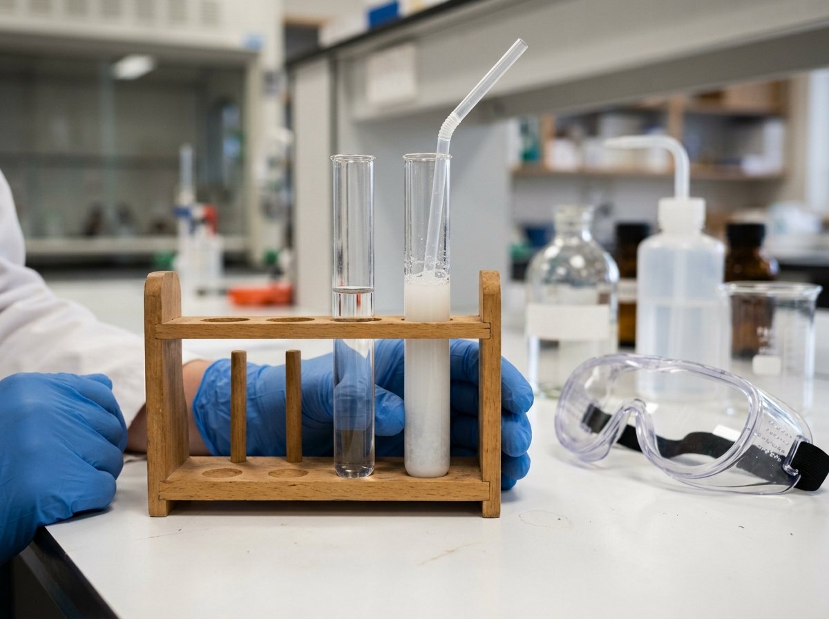Links kalkwater met lokaallucht, rechts na drie keer uitademen: de melkachtige kleur verraadt koolstofdioxide.
