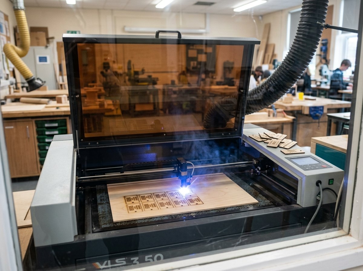 Twaalf etiketten in enkele minuten: voor vlakke delen is een lasersnijder veel sneller dan een printer.