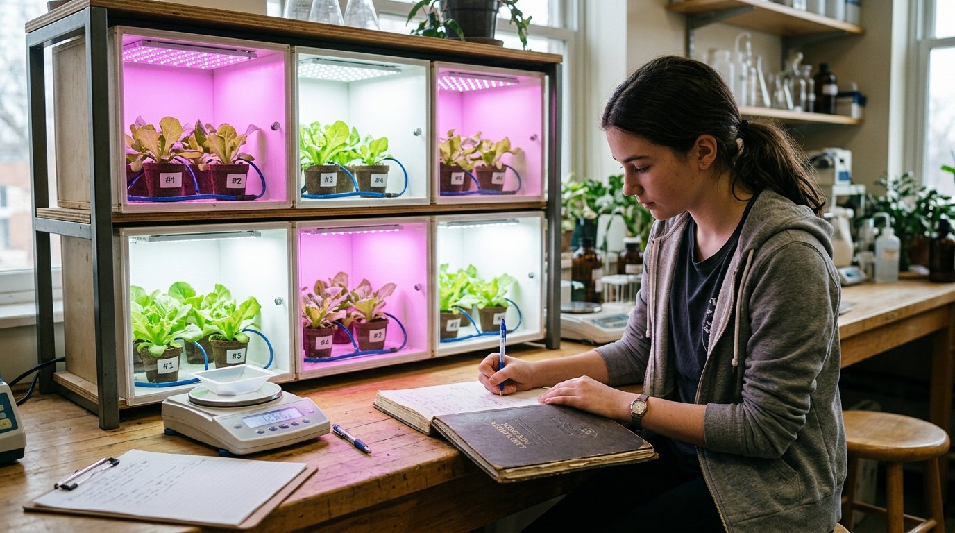 Een eerlijke vergelijking van twee lichtkleuren: elk vak een eigen lamp, elke pot een nummer, elke meting in het journaal.