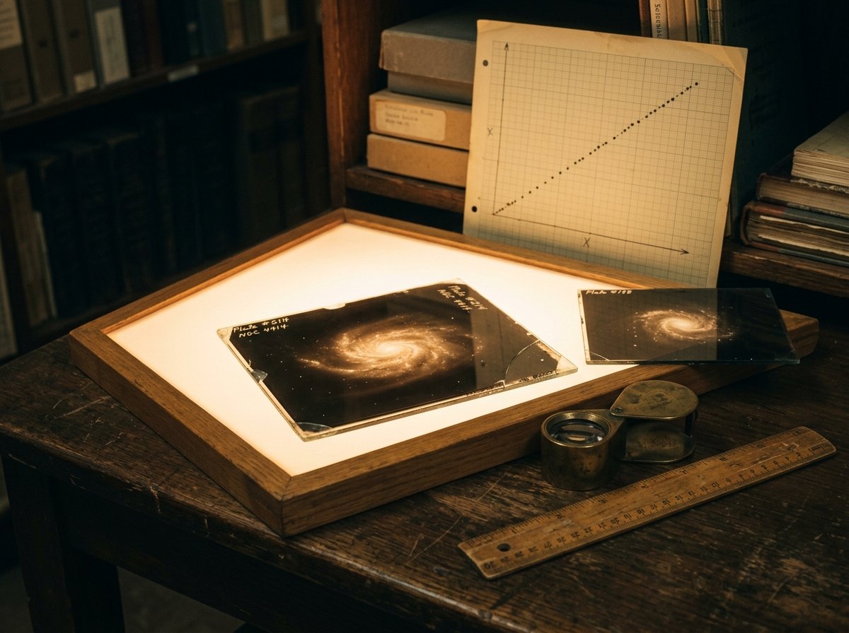Uit zulke fotoplaten haalden sterrenkundigen snelheden en afstanden van sterrenstelsels, en daaruit één helling.