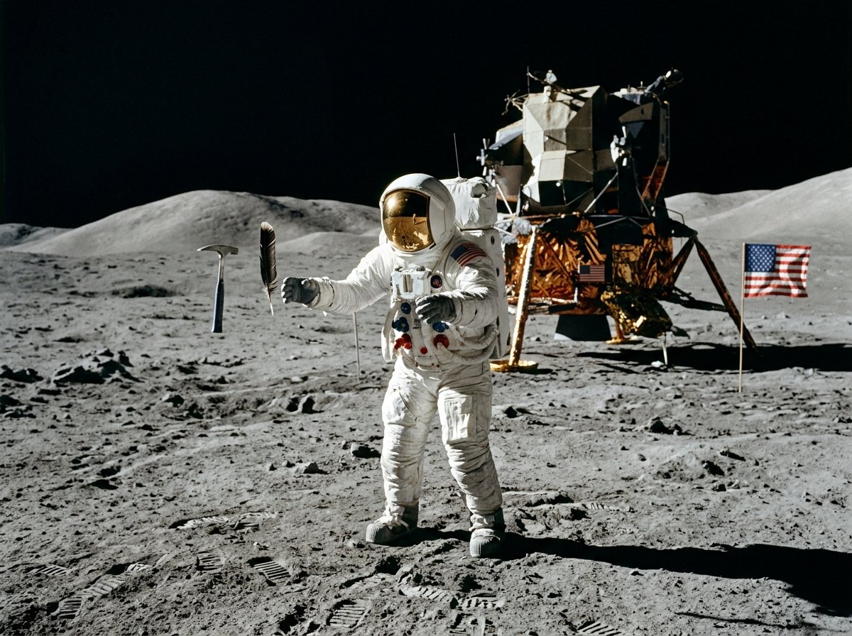 Zonder lucht vallen een hamer en een veer even snel: het klassieke experiment op de maan (1971).