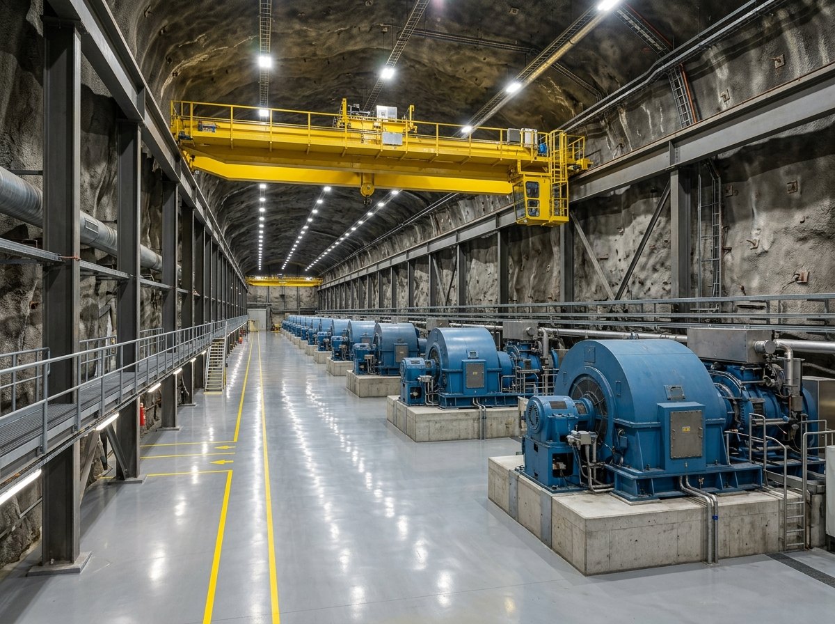 In de machinezaal werkt dezelfde machine als pomp en als turbine, afhankelijk van de draairichting.
