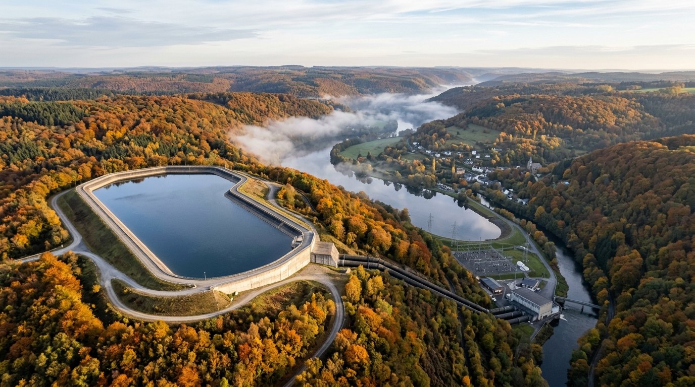 Een batterij van water: 's nachts wordt het water omhoog gepompt, overdag stroomt het door turbines terug.