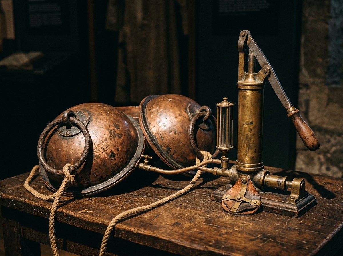 Twee halve bollen, een pomp en geen lucht ertussen: de luchtdruk houdt ze tegen elkaar.