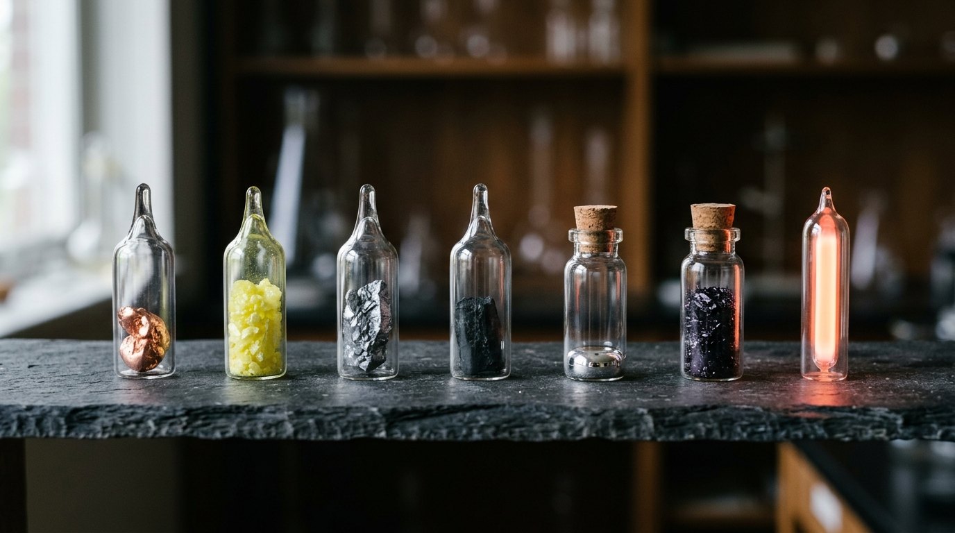 Koper, zwavel, silicium, koolstof, gallium, jood en neon: zeven elementen, zeven soorten atomen.