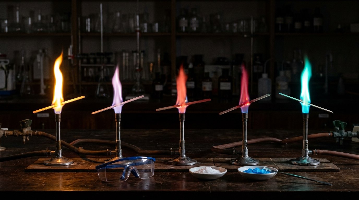 Natrium, kalium, calcium, lithium en koper: vijf metalen, vijf vlamkleuren.
