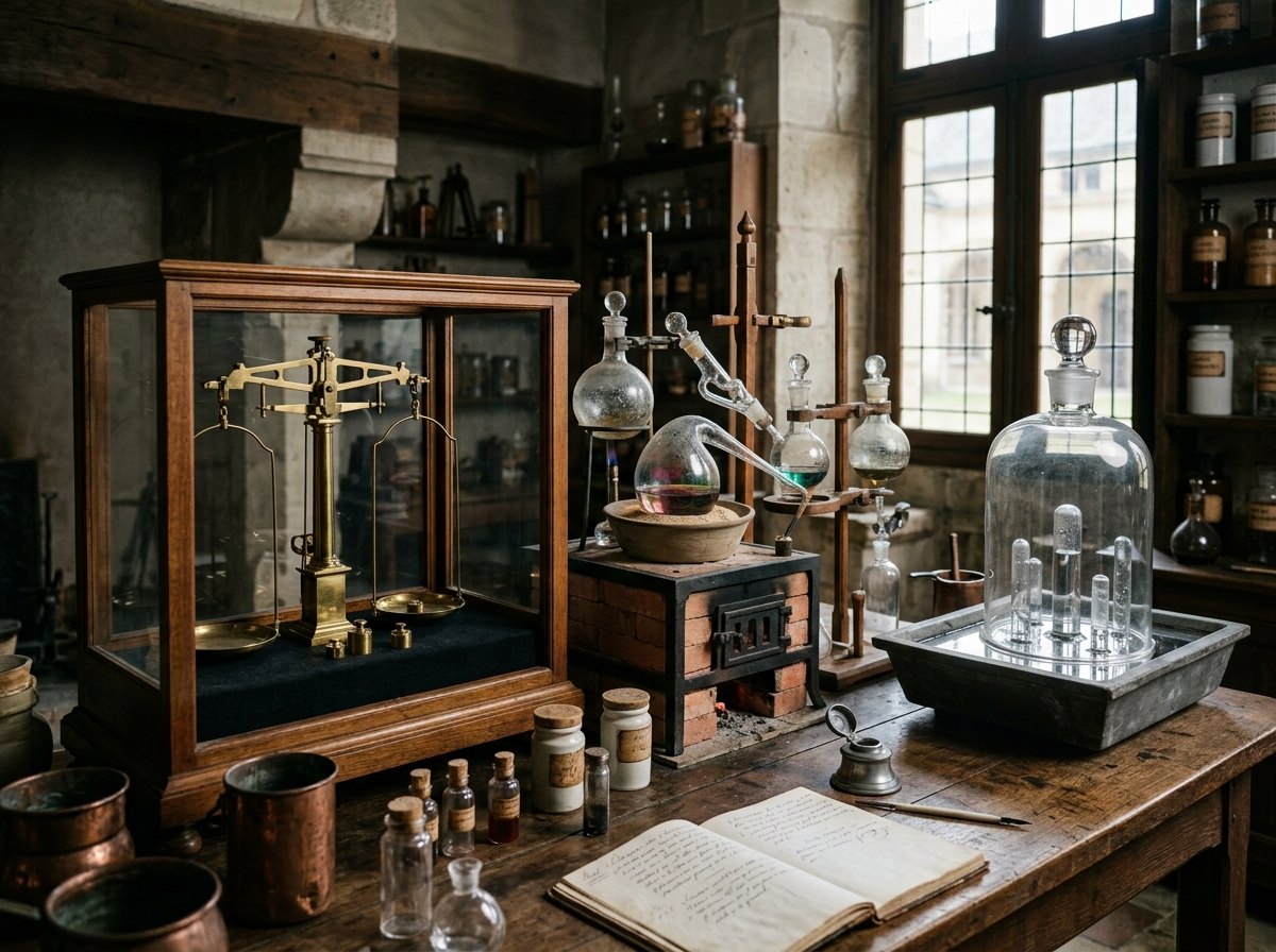 Balansen, gesloten kolven en veel geduld: het gereedschap waarmee Lavoisier de scheikunde tot een meetwetenschap maakte.