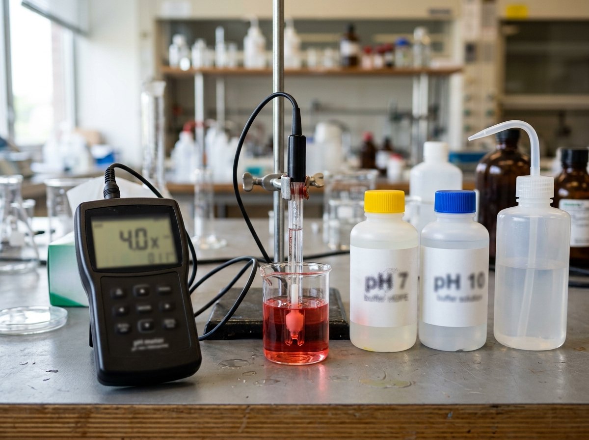Gekleurde buffers: rood voor pH 4, geel voor pH 7, blauw voor pH 10 (een gangbare afspraak).