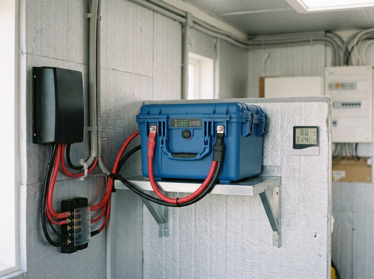 De batterij van de klimaatmodule: binnen, boven 0 °C, met zekering en BMS.