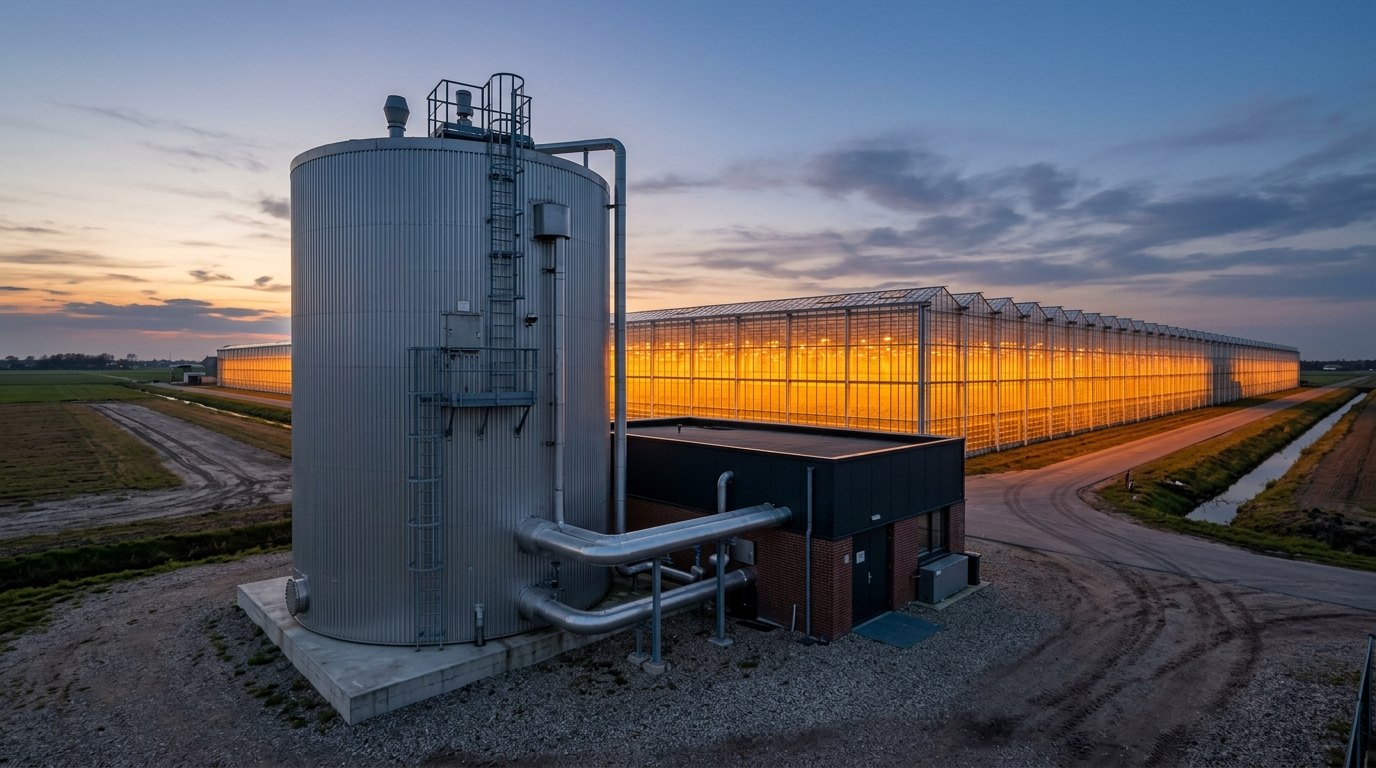 Een warmtebuffer naast een glastuinbouwbedrijf: overdag laden, 's nachts de kas verwarmen.