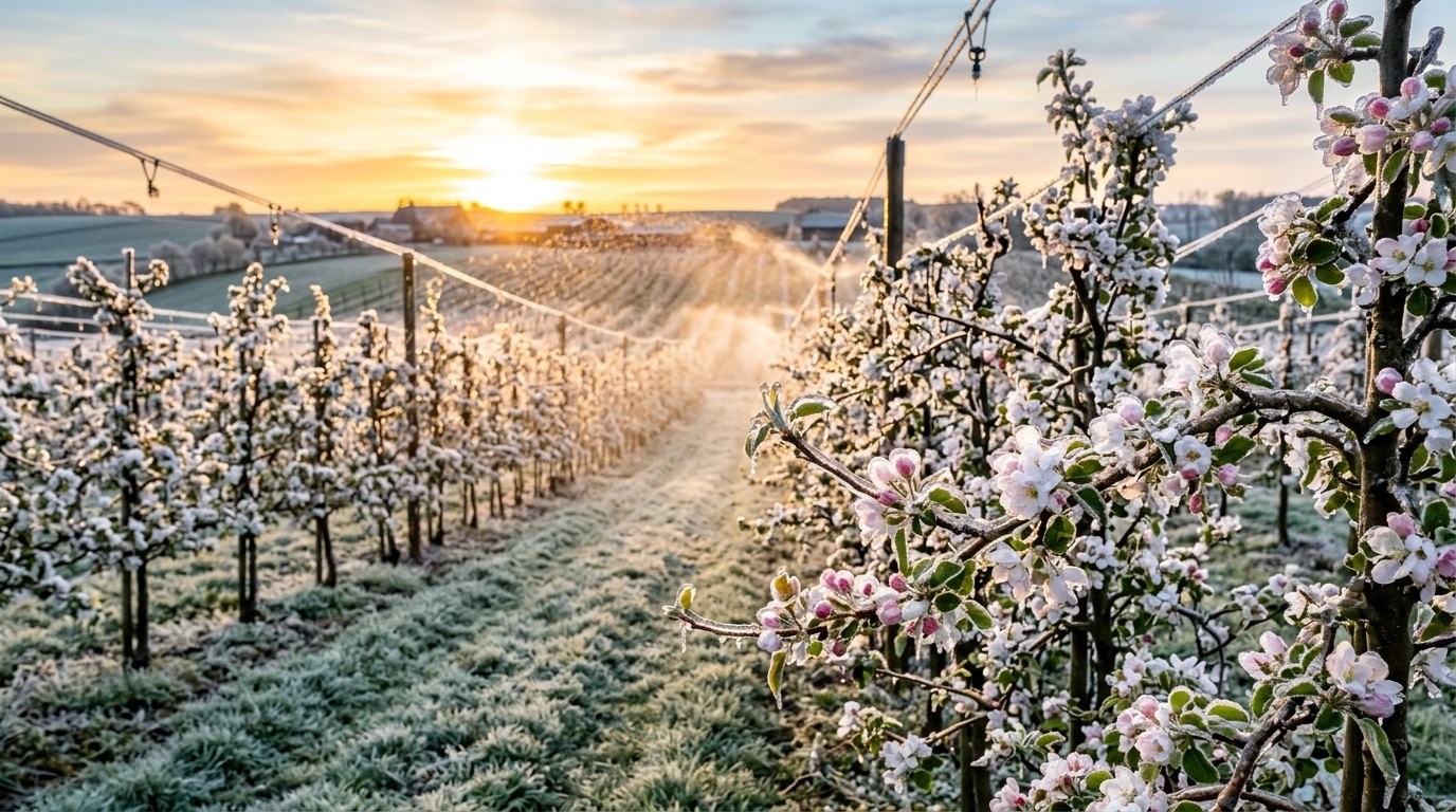 Bloesems in een laagje ijs: zolang er water bij komt dat bevriest, blijft de bloem rond 0 °C.