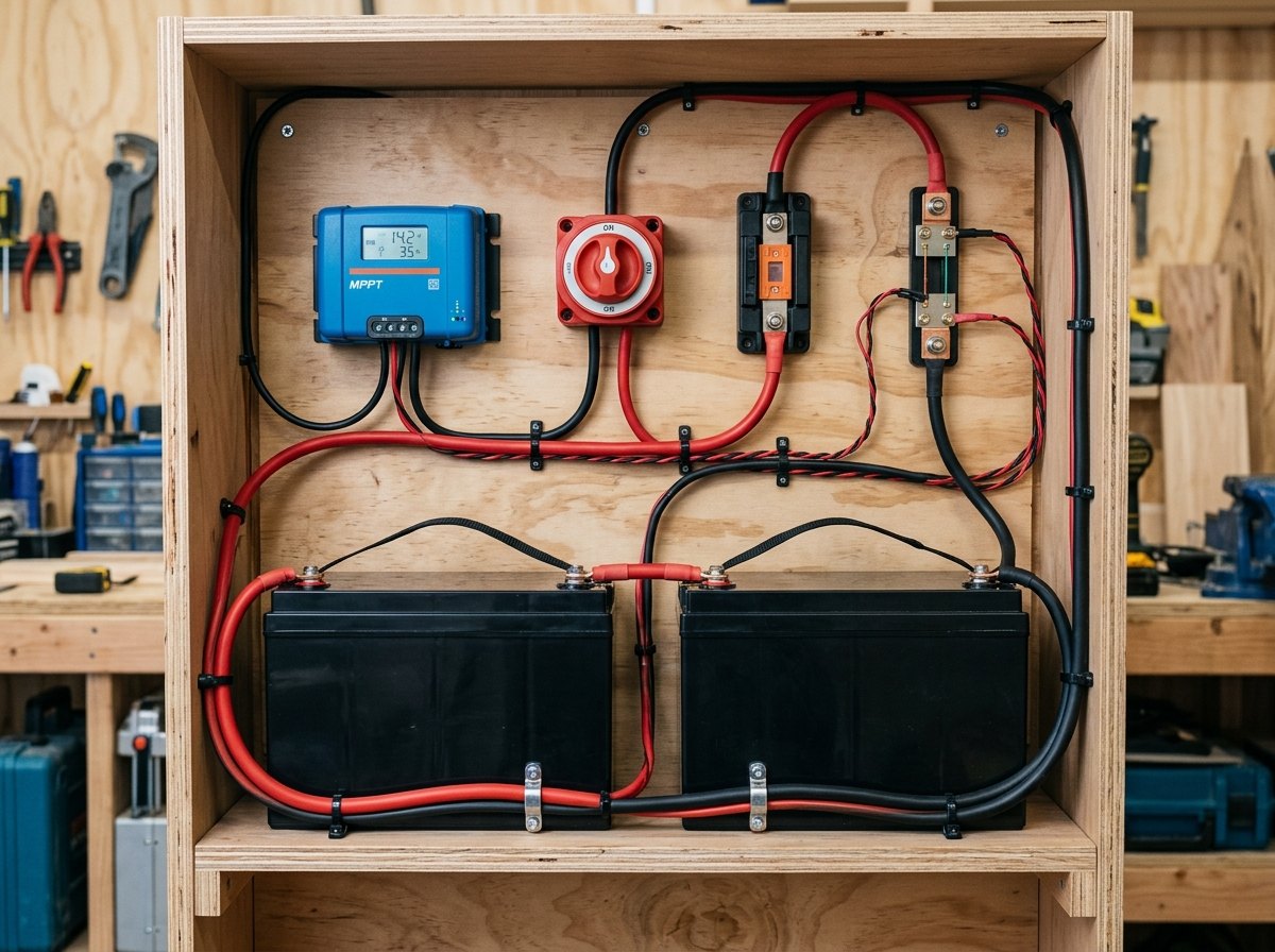 Twee batterijen parallel, met kabels van gelijke lengte zodat ze de stroom eerlijk verdelen.