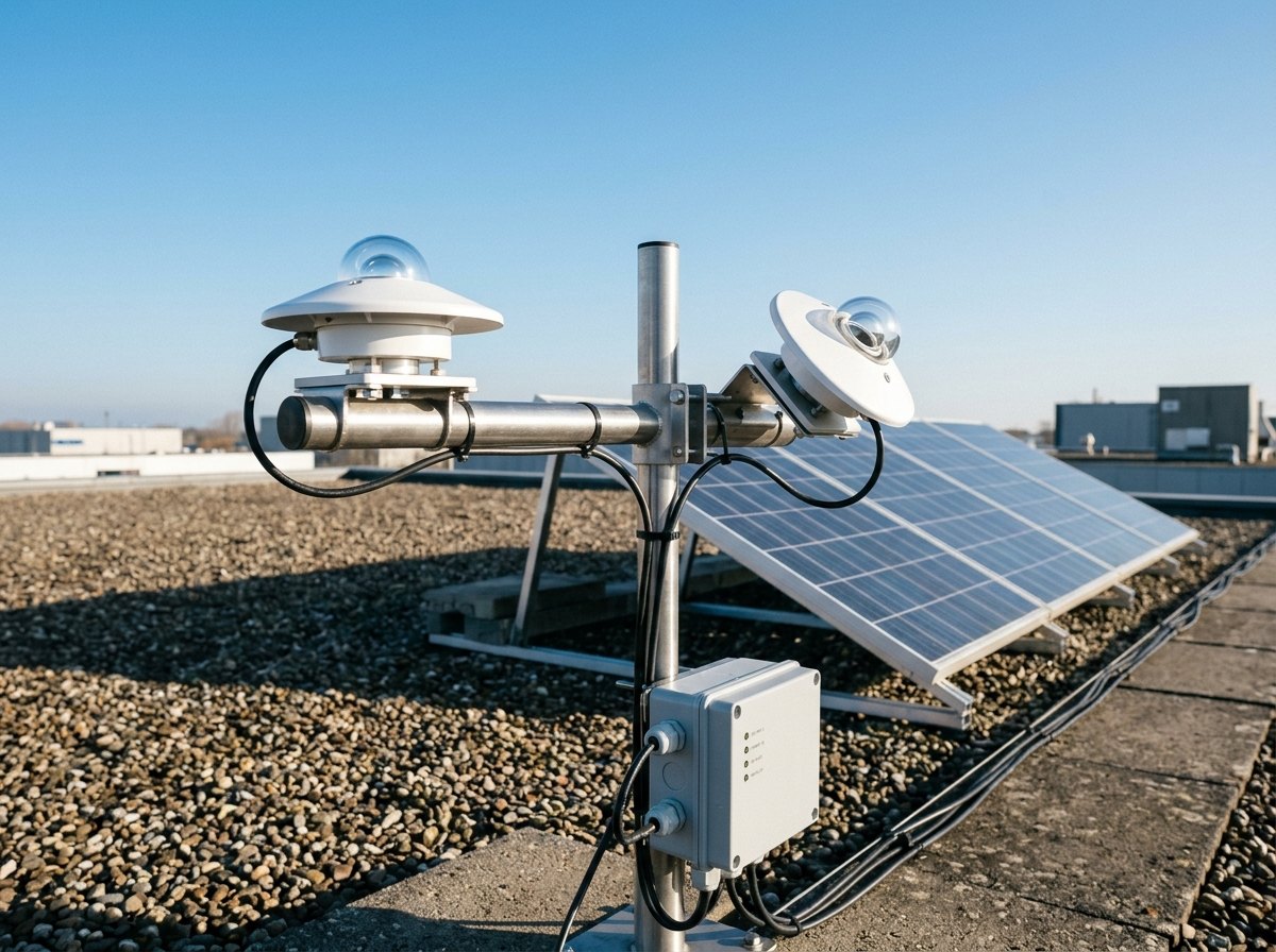 Een pyranometer meet de instraling in W/m²: één horizontaal, één in het vlak van de panelen.