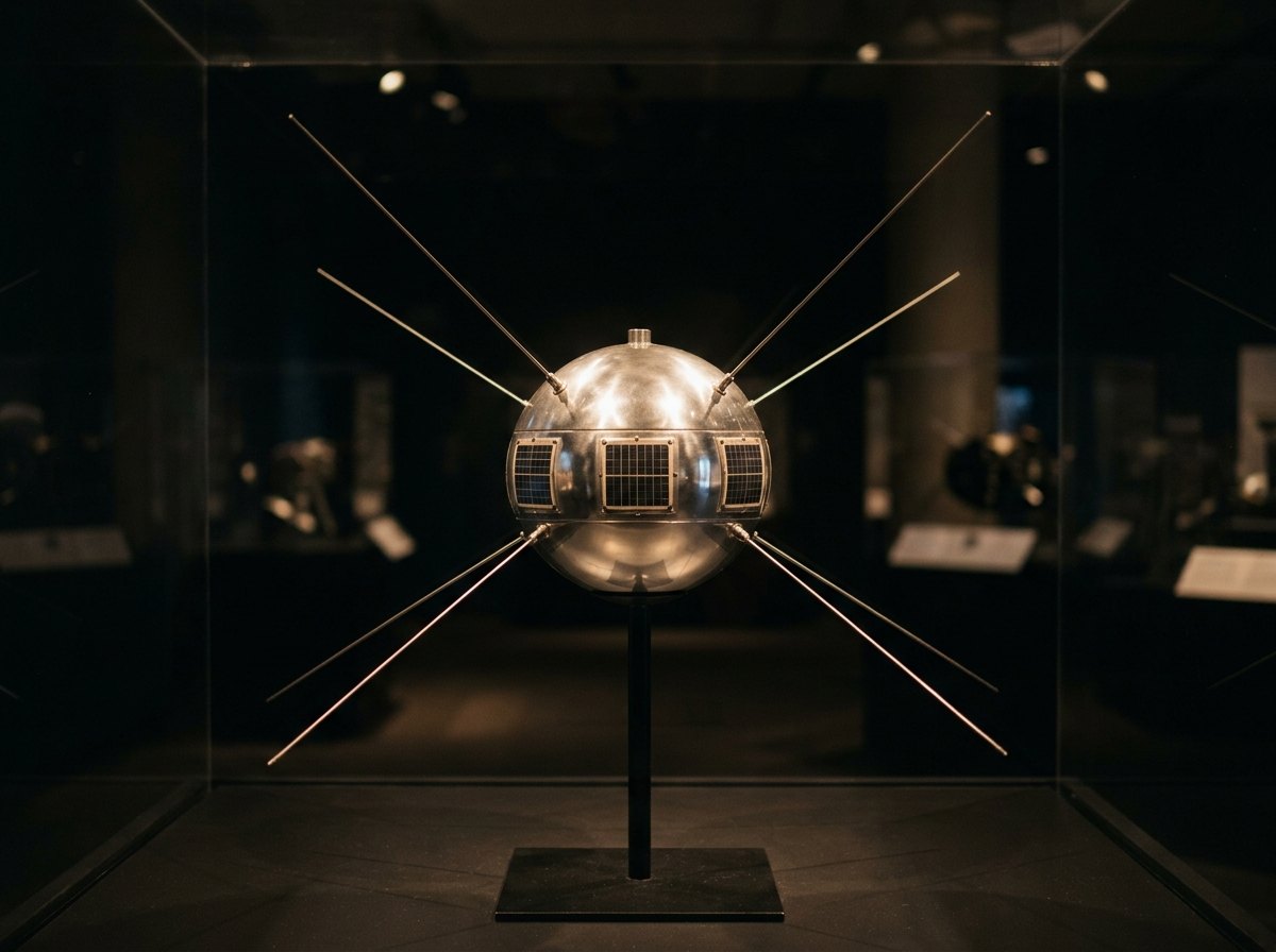 Een replica van Vanguard 1 (1958): zes kleine zonnepanelen hielden een zender jarenlang in leven.
