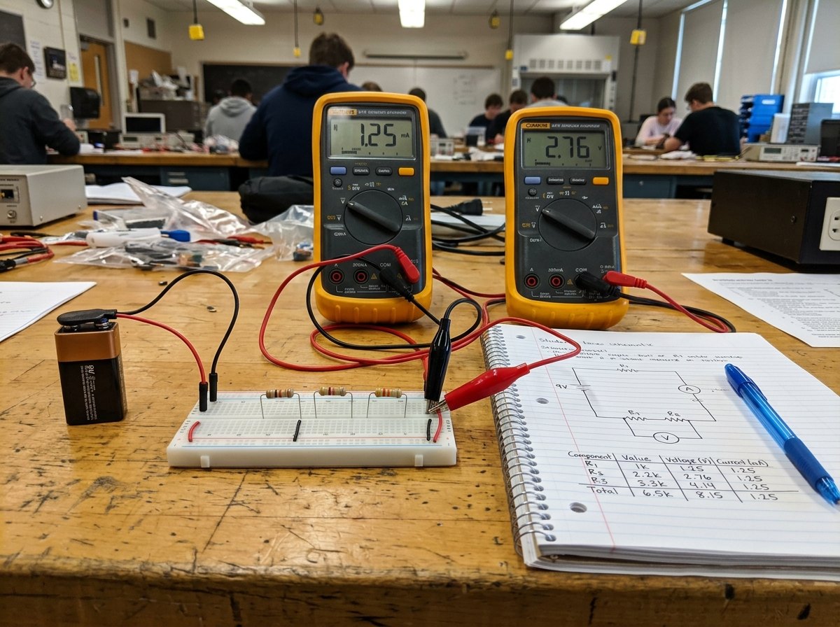 Drie weerstanden, twee meters en een schrift: meer heb je niet nodig om Kirchhoff te controleren.