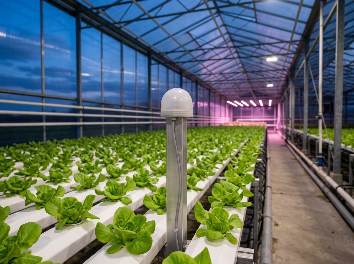 Een lichtsensor onder een melkwit kapje beslist of de groeilampen aan moeten.