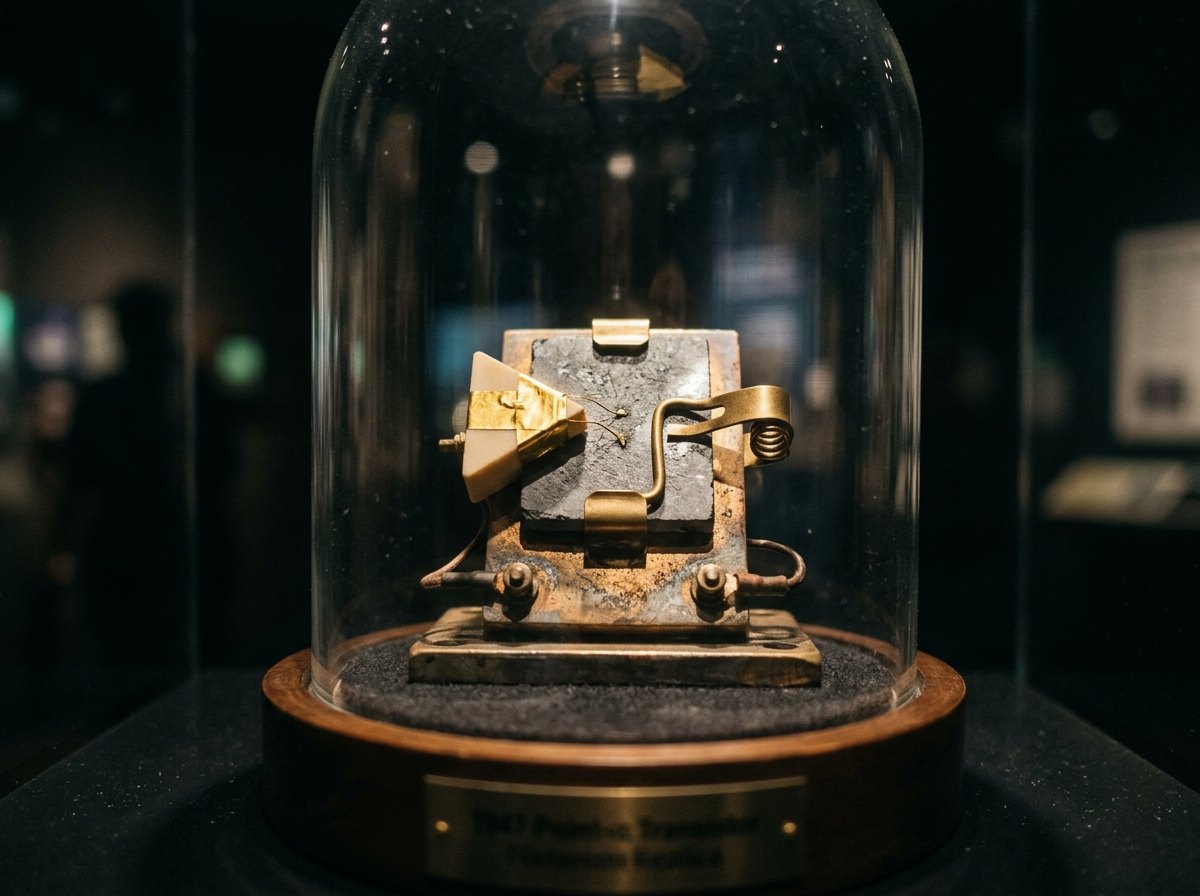 Een reconstructie van de eerste transistor: een plastic driehoekje met goudfolie op een blokje germanium.