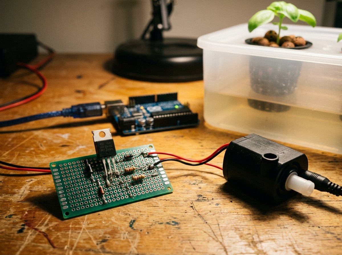 Drie onderdelen tussen de microcontroller en de pomp: een MOSFET, een diode en twee weerstanden.