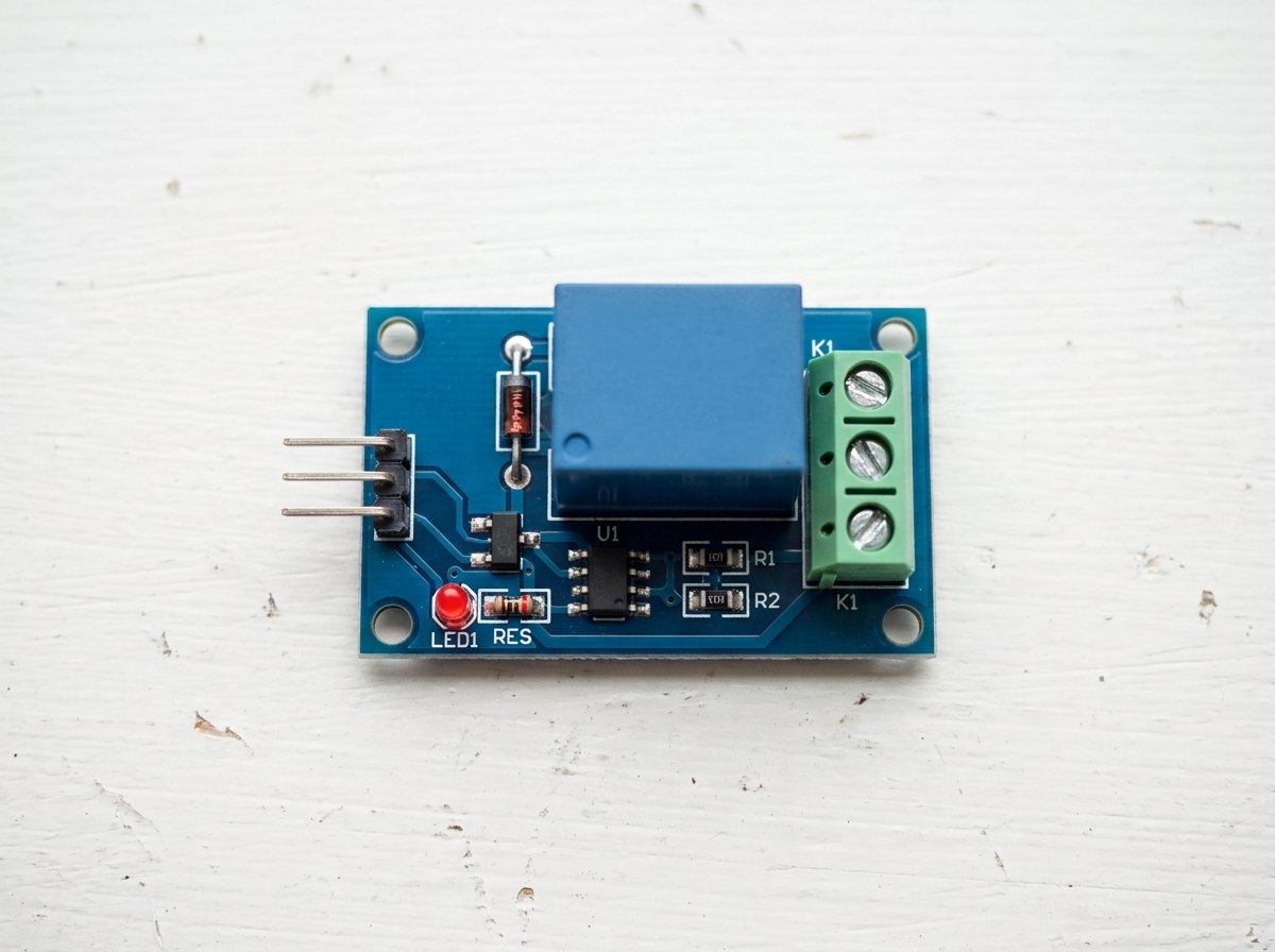 Een relaismodule: relais, transistor, weerstand en vrijloopdiode op één printje.