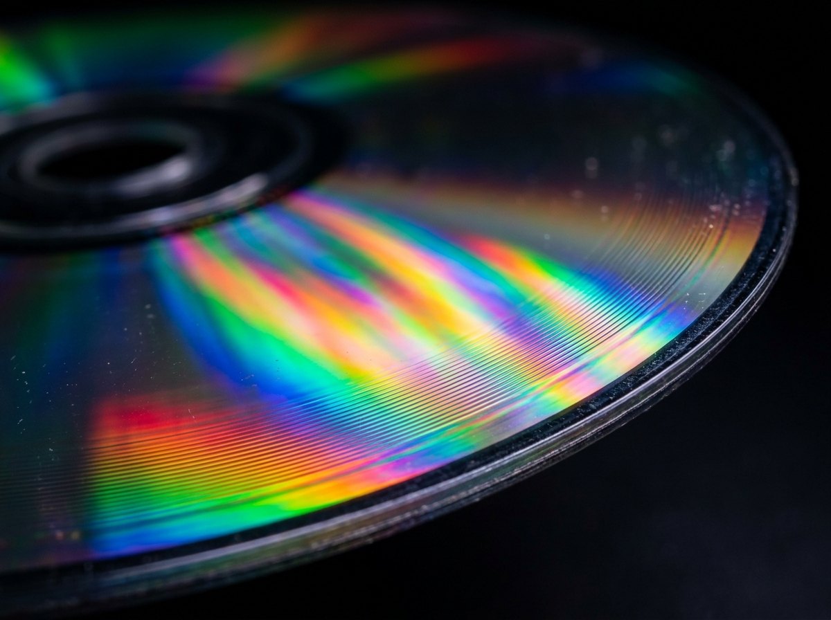 Het oppervlak van een cd: miljarden putjes en vlakjes, samen 44 100 getallen van 16 bits per seconde en per kanaal.