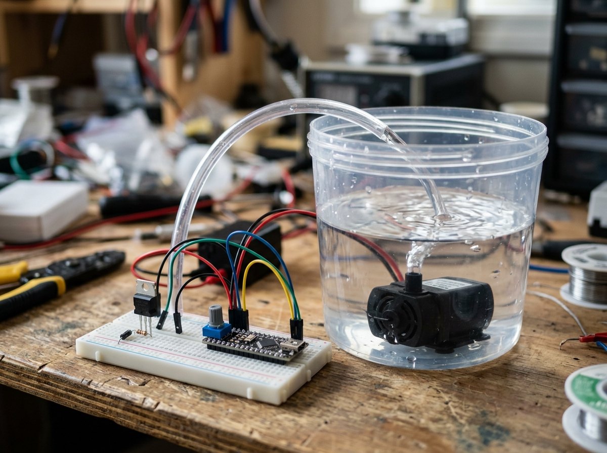 Met PWM en een potentiometer regel je het debiet van een pompje traploos.