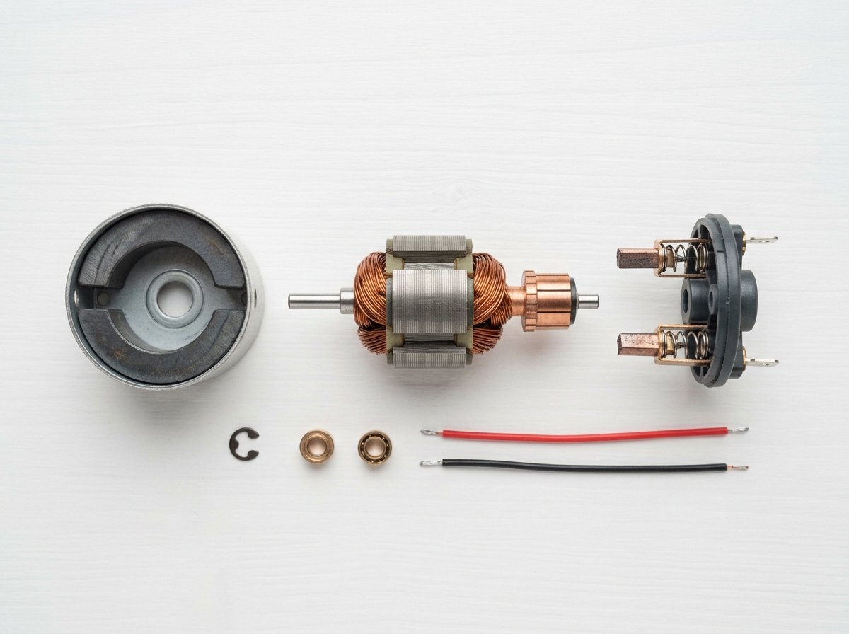 Een motortje uit elkaar: magneten, een rotor met drie spoelen, de commutator en de borstels.