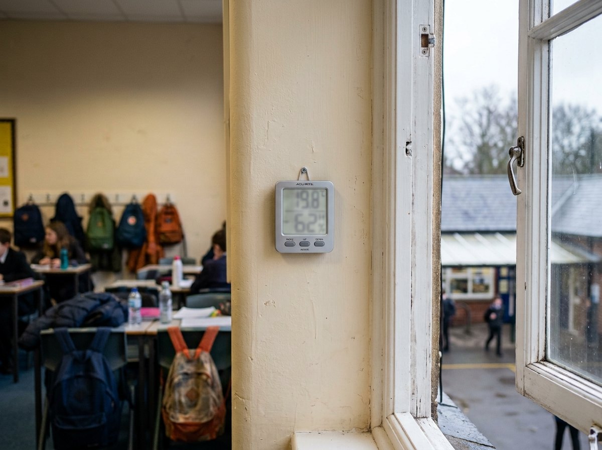 Uit de zon, weg van de verwarming, op 1,5 m hoogte: zo meet je de temperatuur van het lokaal.