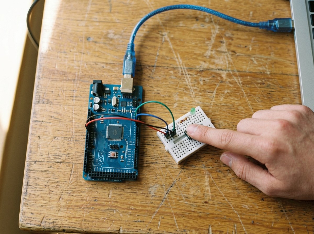 De opstelling van de proef: een knop, een led en de seriële monitor.