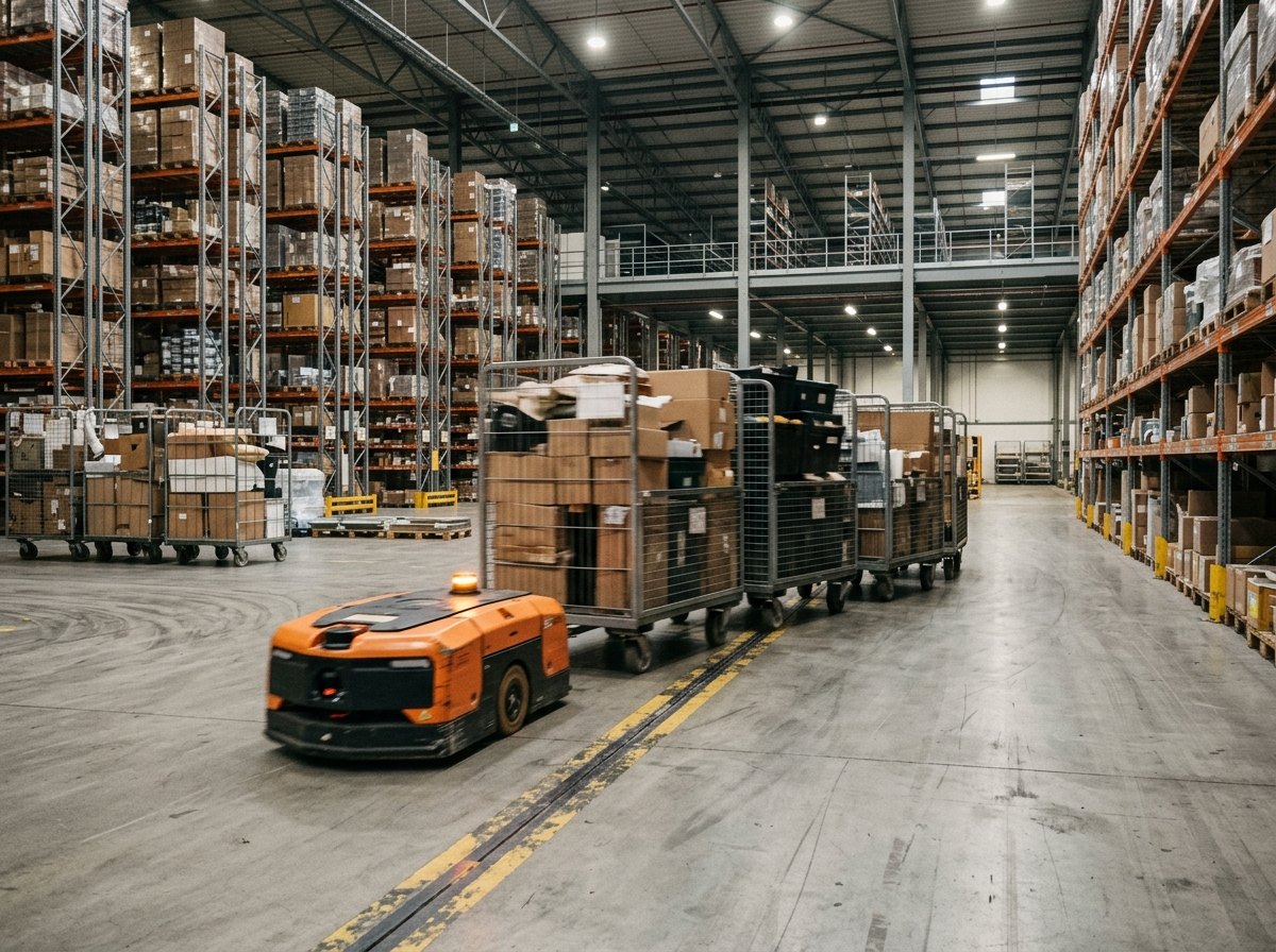 Een AGV in een magazijn volgt een lijn op de vloer, net als het robotje in de module.