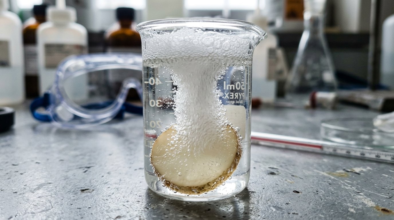 Een schijfje aardappel in waterstofperoxide: het enzym katalase maakt in seconden wat anders maanden duurt.