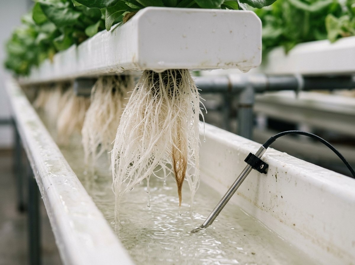 Gezonde wortels zijn wit en stevig. Bruine, slijmerige wortels wijzen op te warm water en wortelrot.