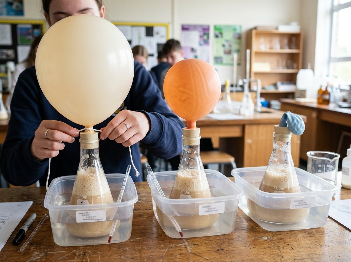 De ballon vangt de koolstofdioxide op; een touwtje meet hoe dik hij wordt.