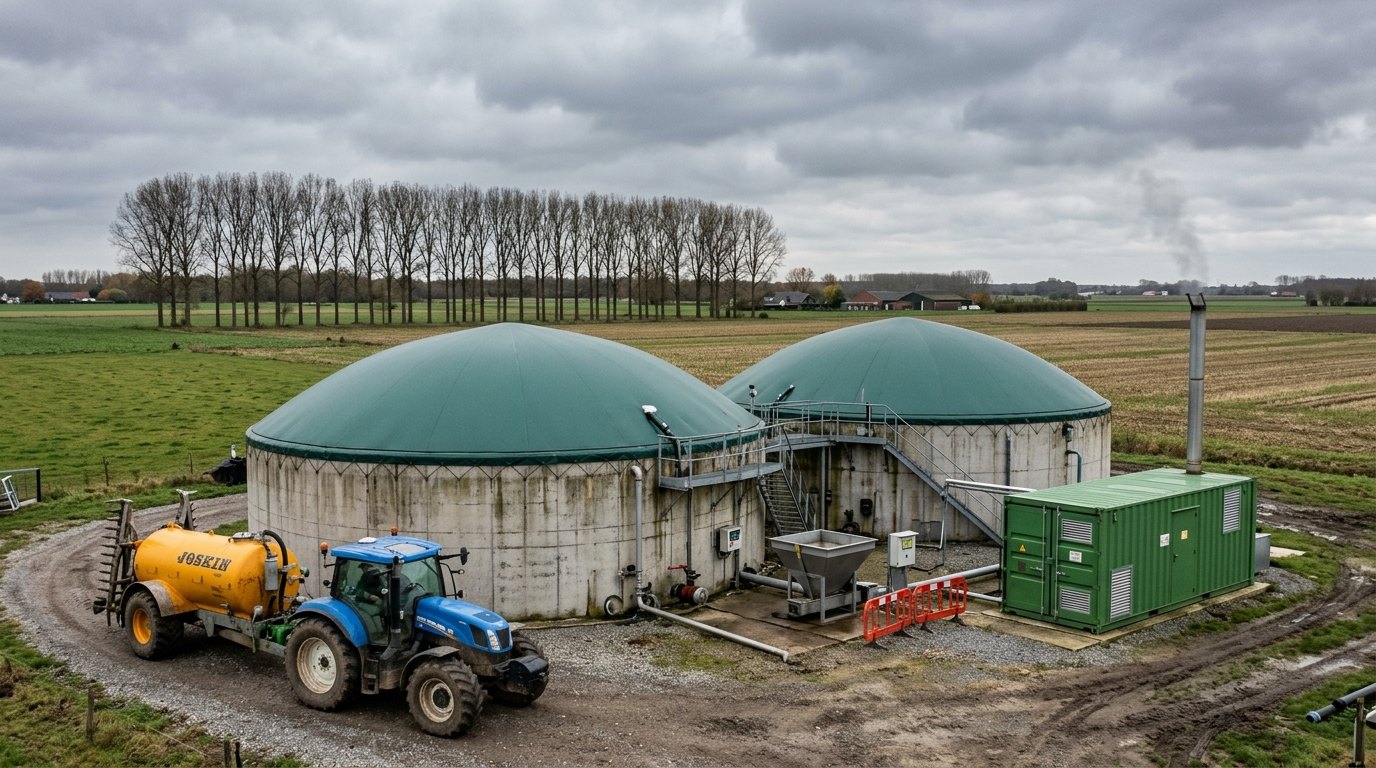 Een vergister op een boerderij: de groene koepels vangen het biogas op.