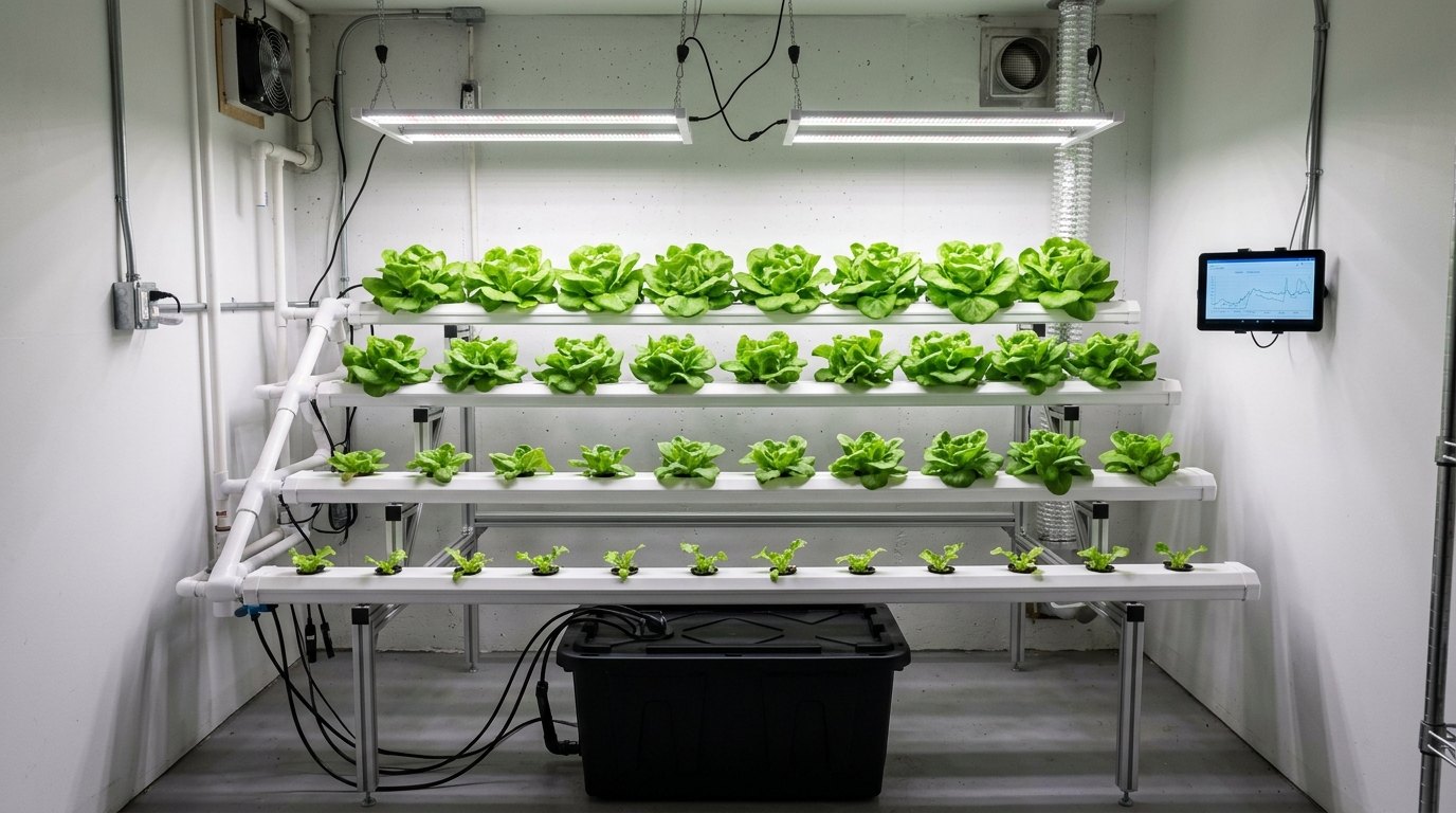 Het kweekbed van de klimaatmodule: vier goten, 48 kroppen, twee lampen.