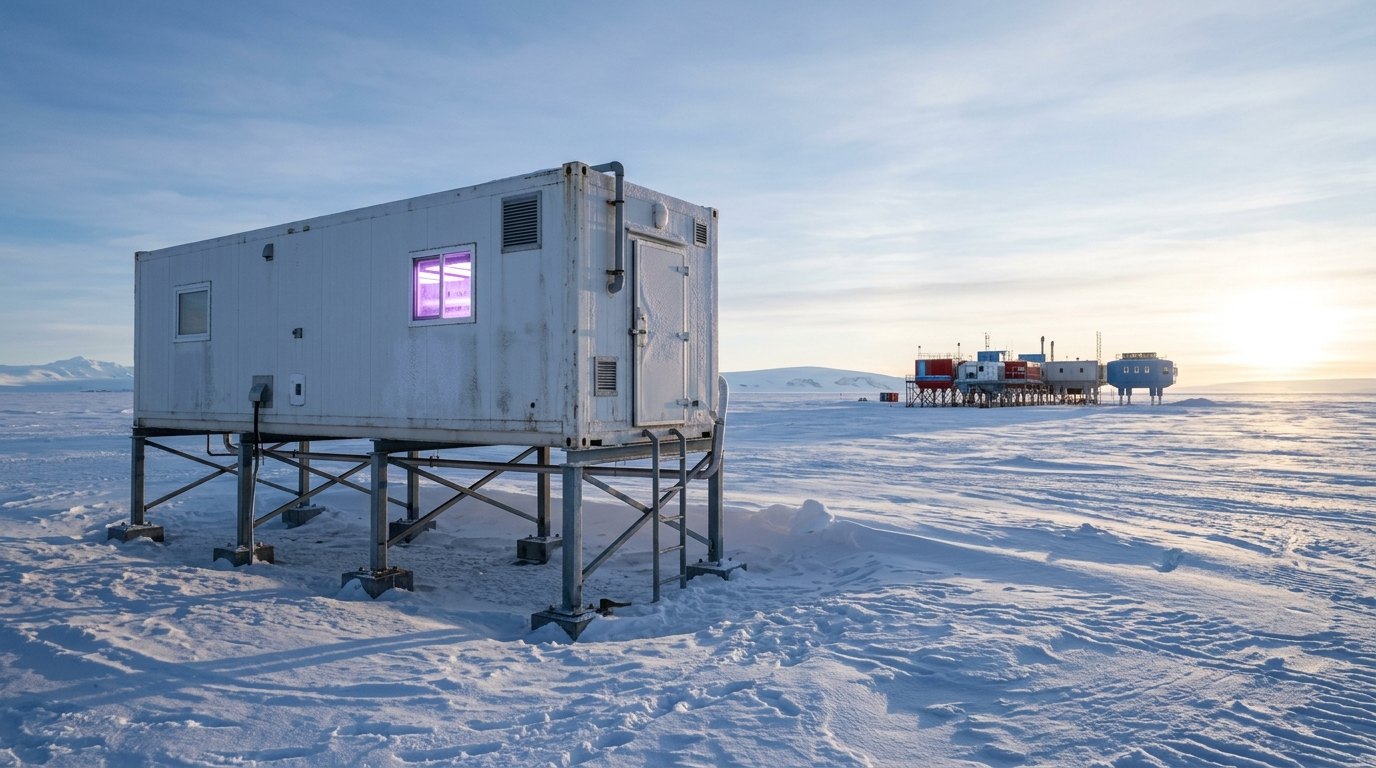 Een containerserre in de sneeuw: groenten in een poolstation, zolang er stroom is.