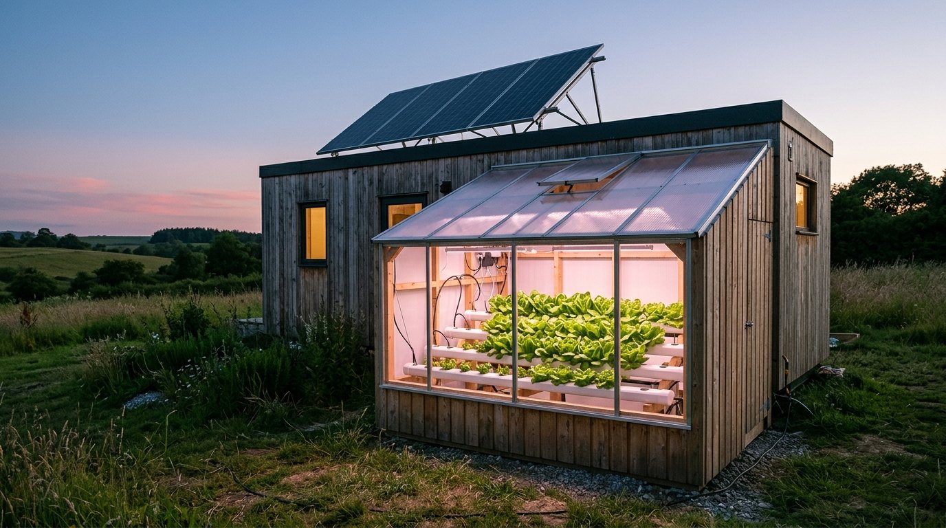 De klimaat- en energiemodule af: vier goten sla, eigen zonnestroom, en een logger die alles bijhoudt.