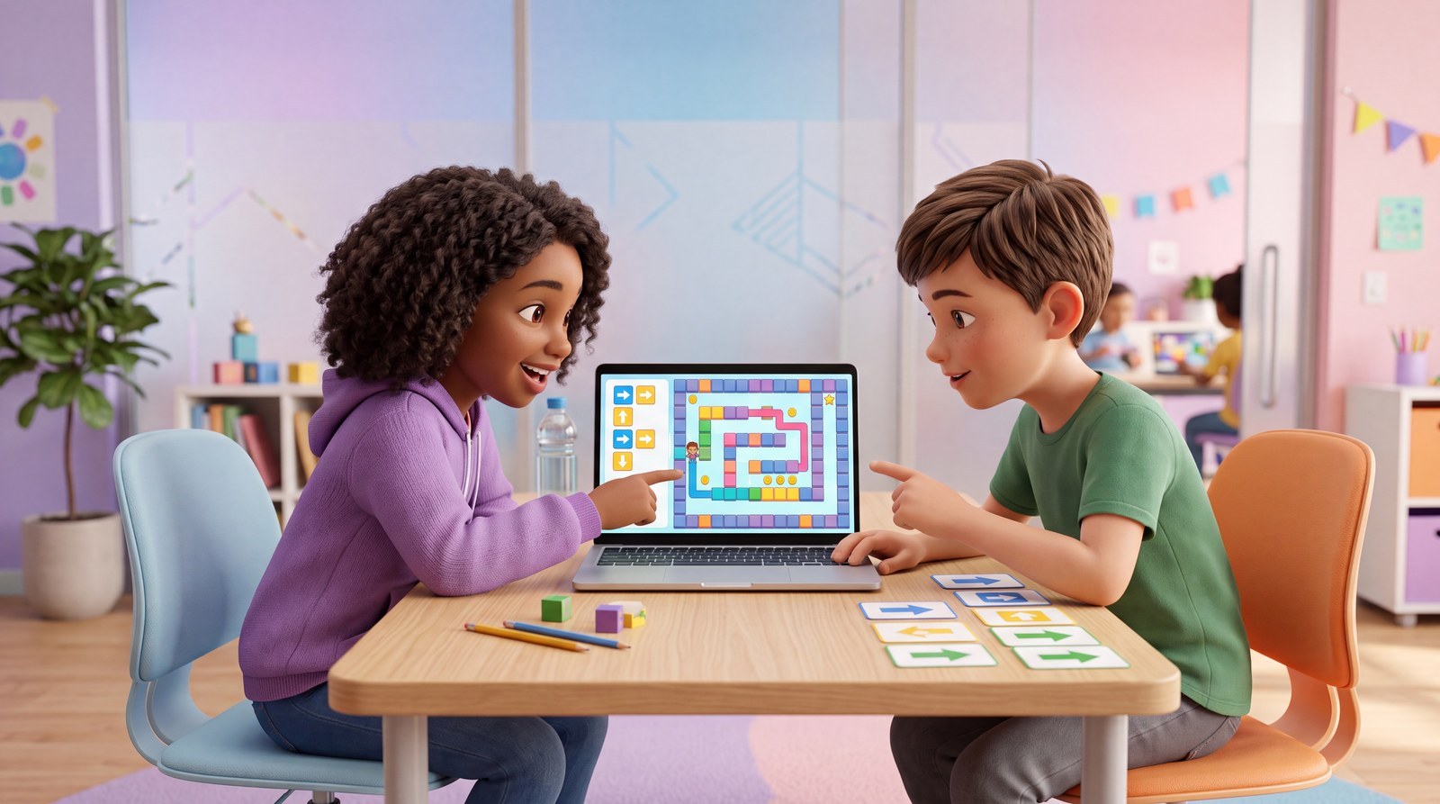 Het verdiepingsstation: twee kinderen, één scherm, dezelfde blokjes als op tafel