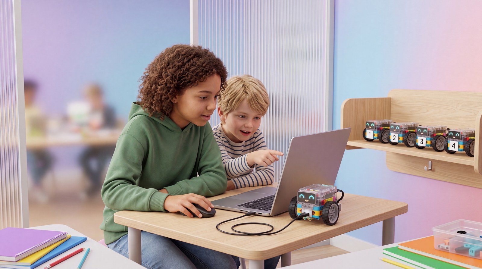 Eén laptop, één USB-kabel: aan het programmeerstation schuiven de duo's om beurten aan.