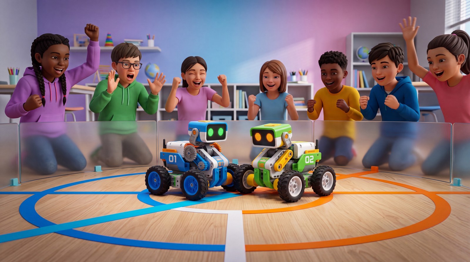 Mini-sumo: twee robots, één tape-cirkel, dertig seconden spanning.