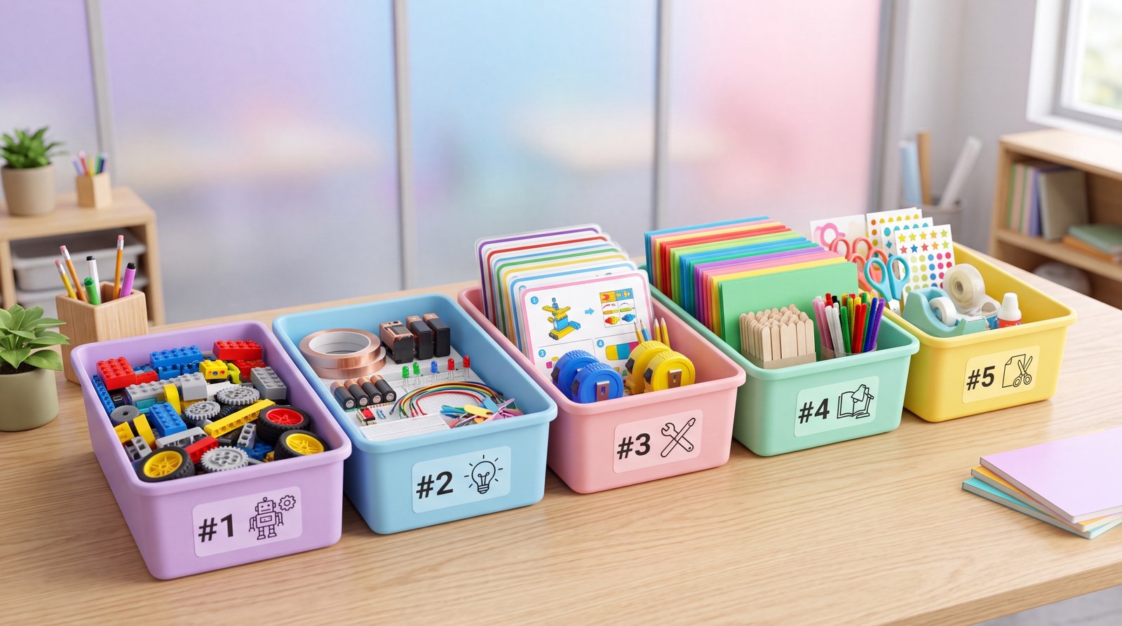 Genummerde thema-dozen klaar voor twee weken zomerschool: robots, proefjes, spel en papier.