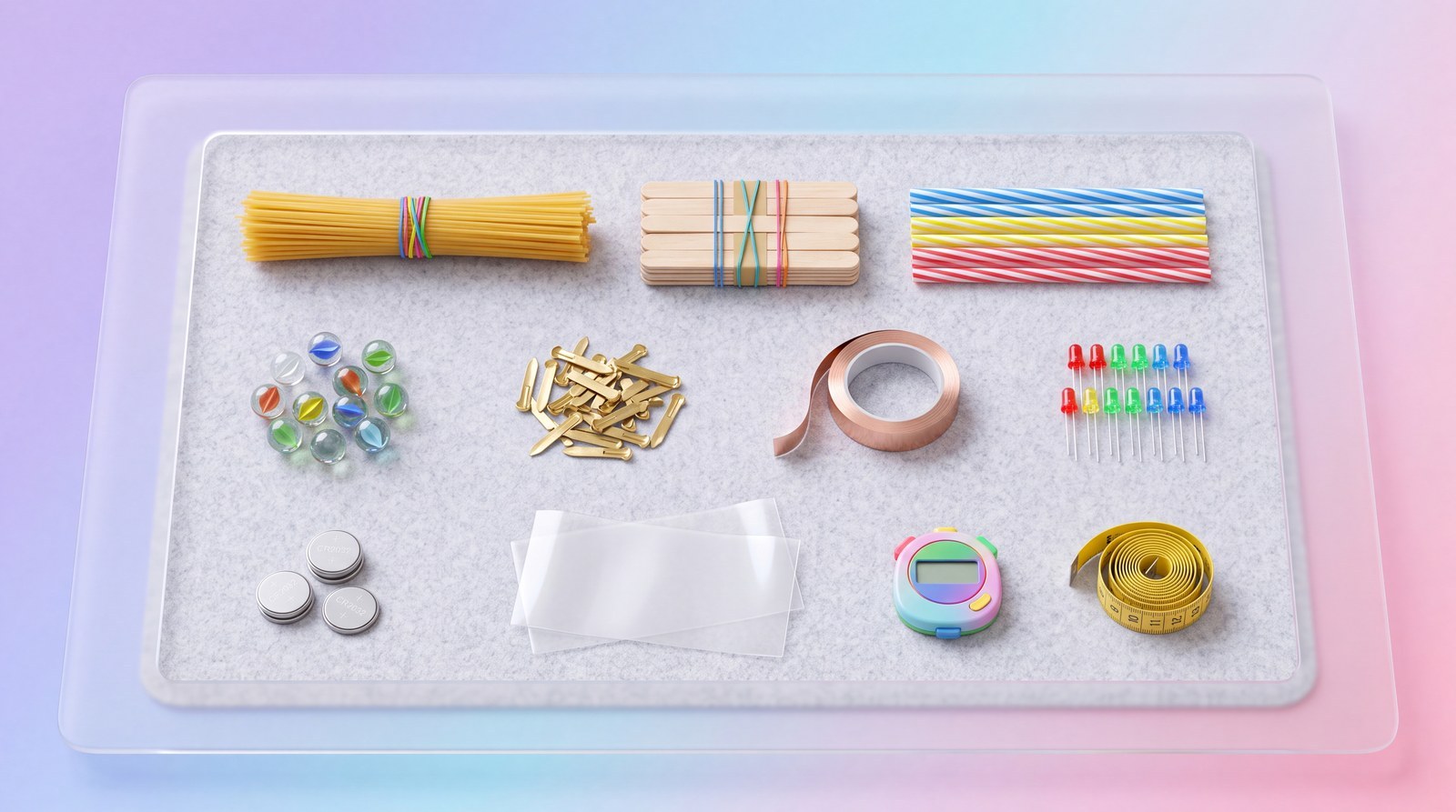 Eén winkelbeurt: spaghetti, splitpennen, kopertape en lamineerhoezen voor twee weken plezier.