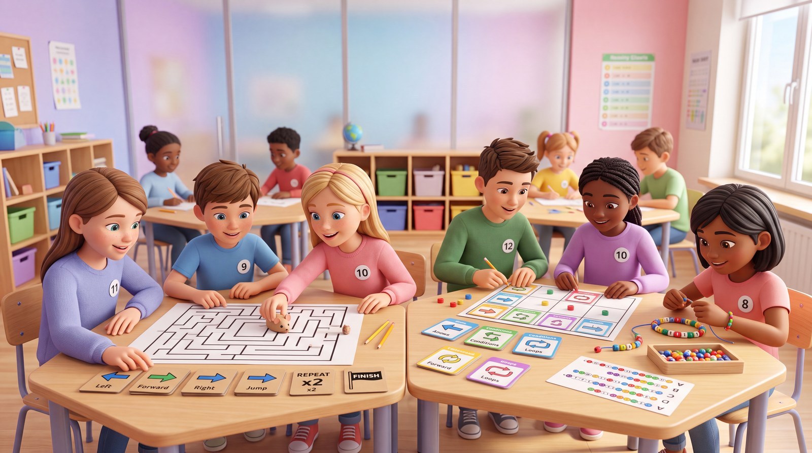 Unplugged stations: de helft van de klas programmeert met papier, kaarten en tape.
