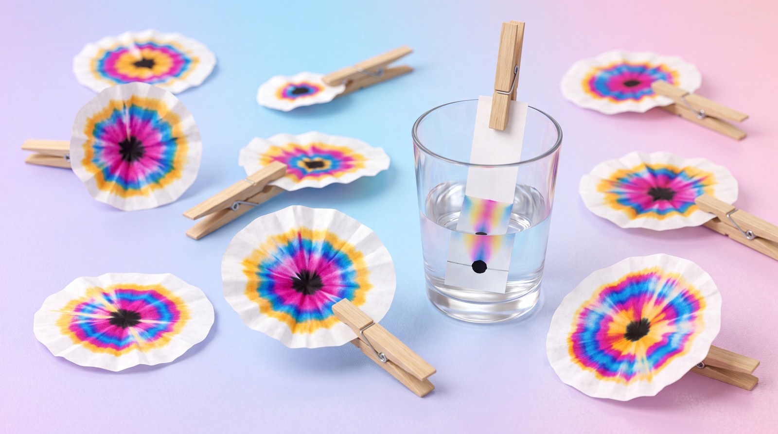 Chromatografie-bloemen: één zwarte stip splitst in verrassende kleurenringen.