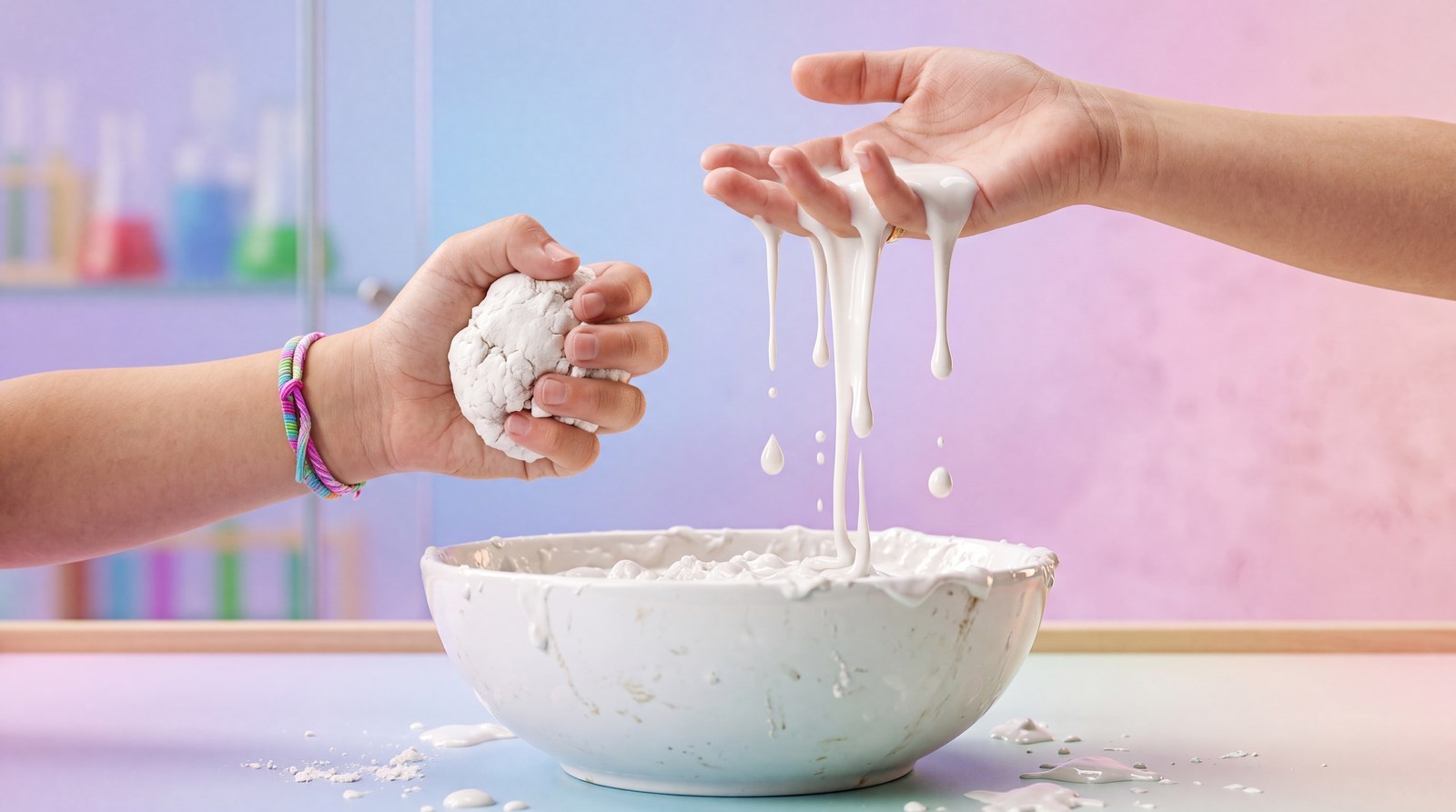 Oobleck: hard als je knijpt, vloeibaar als je loslaat.