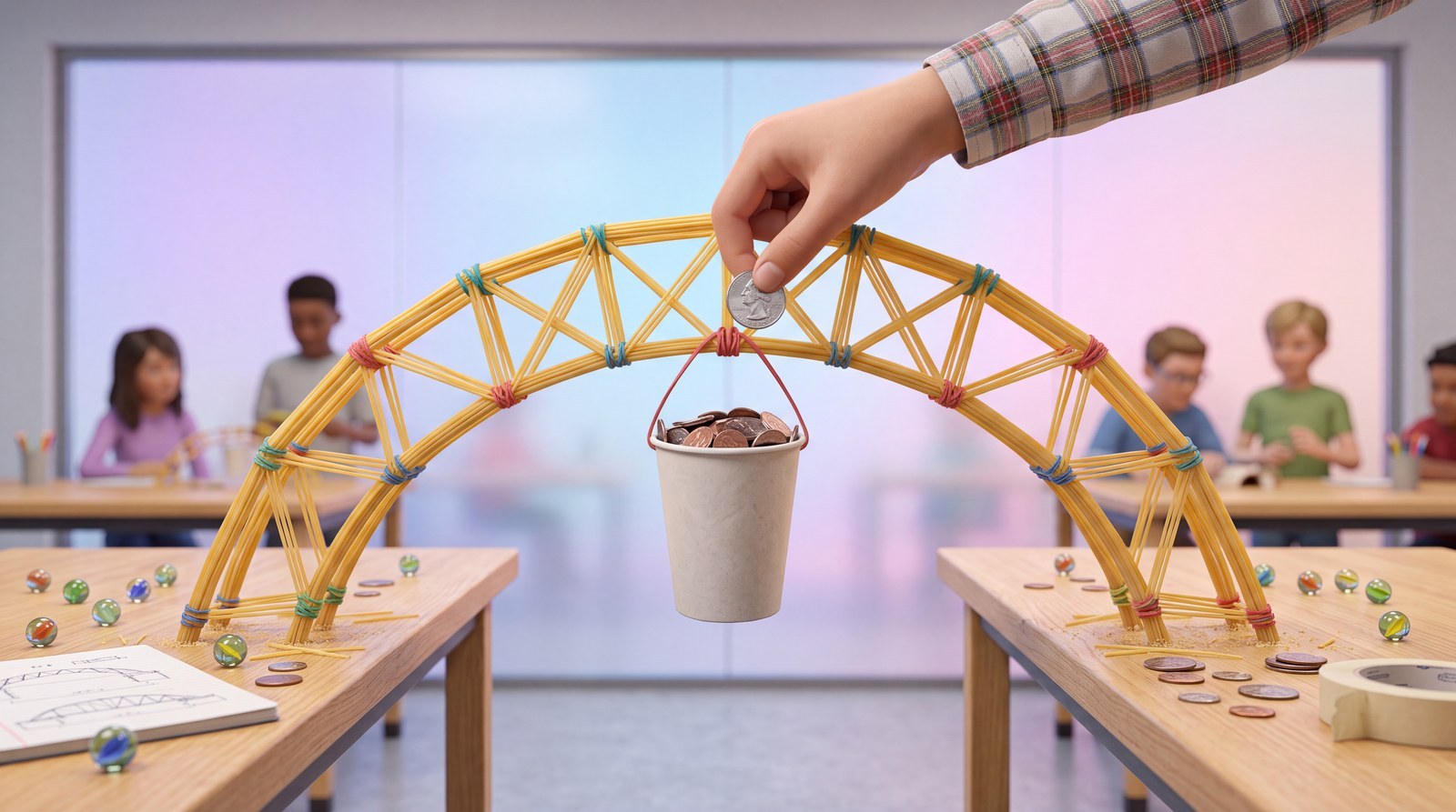 Belastingtest van de spaghettibrug: muntje per muntje tot ze breekt.