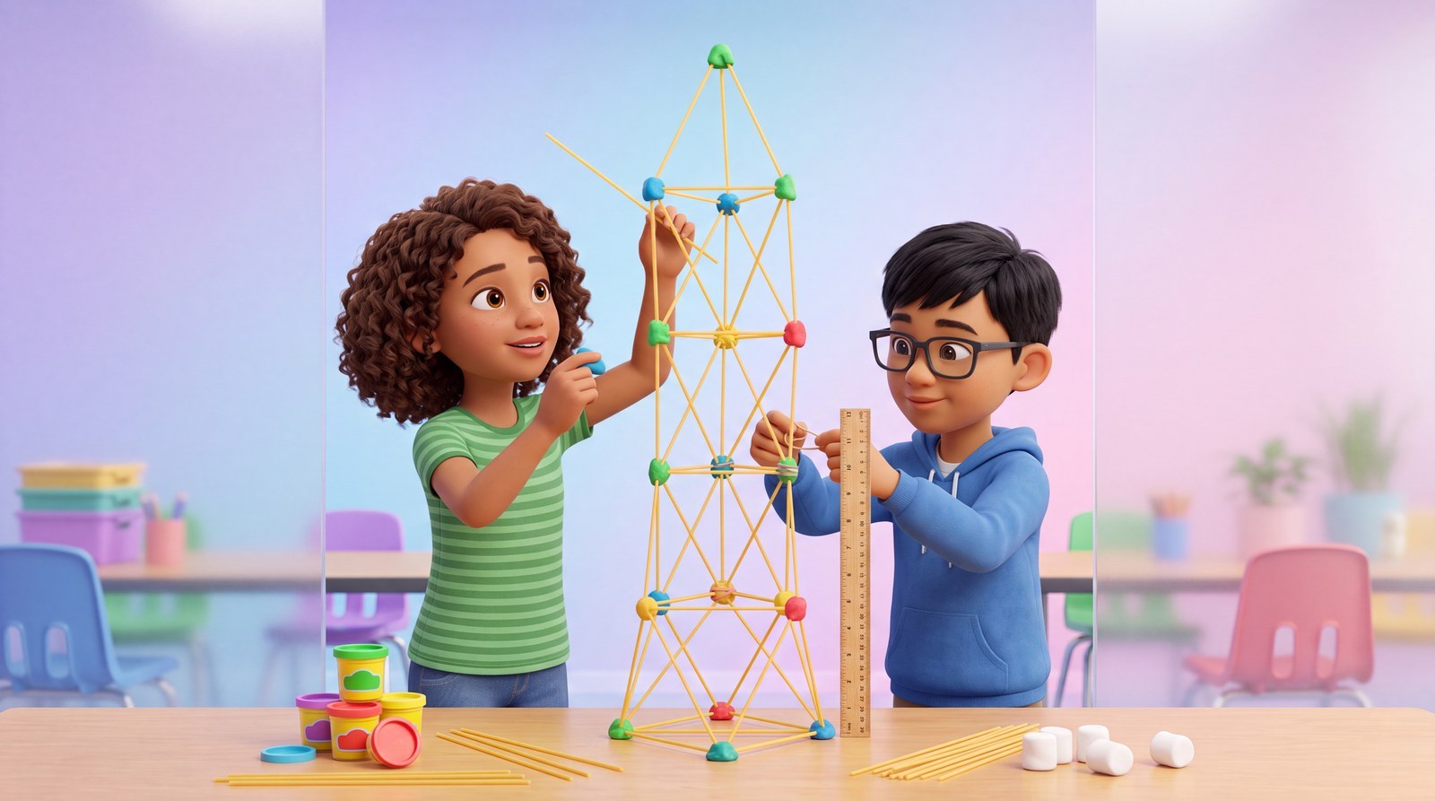 De klassieke spaghettitoren-test: driehoeken houden de toren overeind.